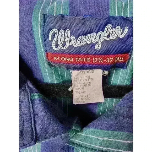 Wrangler Men's Green & Blue Striped Long‎ Sleeve Snap Button Shirt Size 17.5/37 - Picture 3 of 3